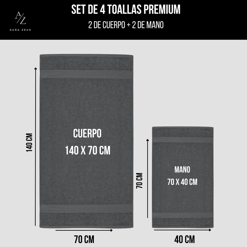 SET DE 4 TOALLAS DE BANO ALGODON 500GR CUERPO MANO GRANDE GRIS - 2