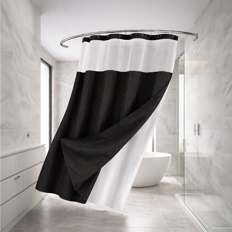 CORTINA DE BAÑO DISEÑO IMPERMEABLE + FORRO Y 12 GANCHOS NEGRO AZ - 1