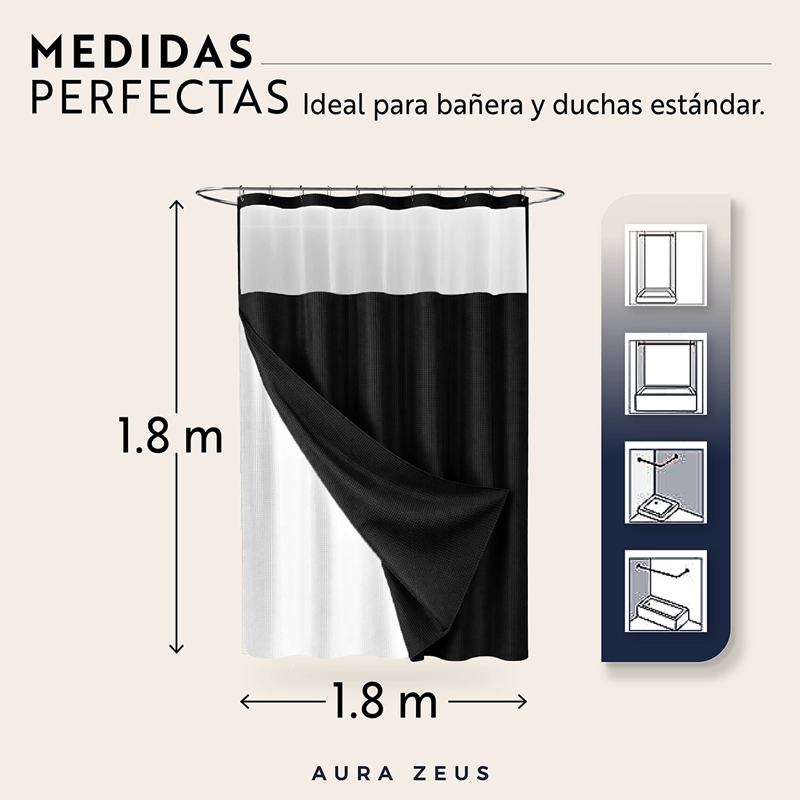 CORTINA DE BAÑO DISEÑO IMPERMEABLE + FORRO Y 12 GANCHOS NEGRO AZ - 4