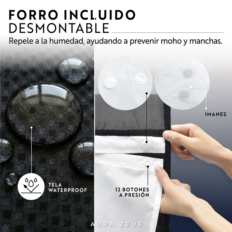 CORTINA DE BAÑO DISEÑO IMPERMEABLE + FORRO Y 12 GANCHOS NEGRO AZ - 7