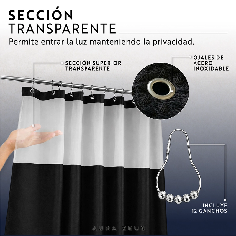 CORTINA DE BAÑO DISEÑO IMPERMEABLE + FORRO Y 12 GANCHOS NEGRO AZ - 8