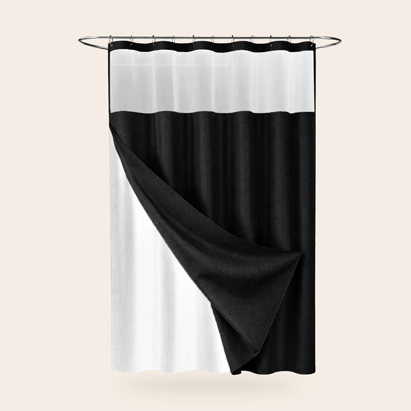 CORTINA DE BAÑO DISEÑO IMPERMEABLE + FORRO Y 12 GANCHOS NEGRO AZ - 10