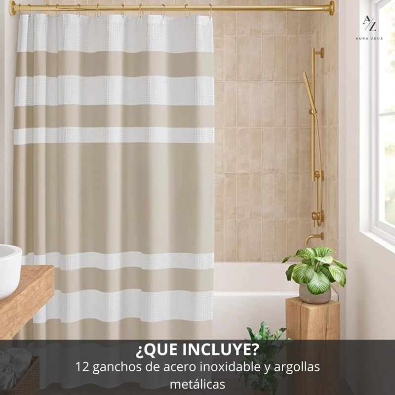 CORTINA DE BAÑO DISEÑO IMPERMEABLE TELA BANO + 12 GANCHOS AZ - 3