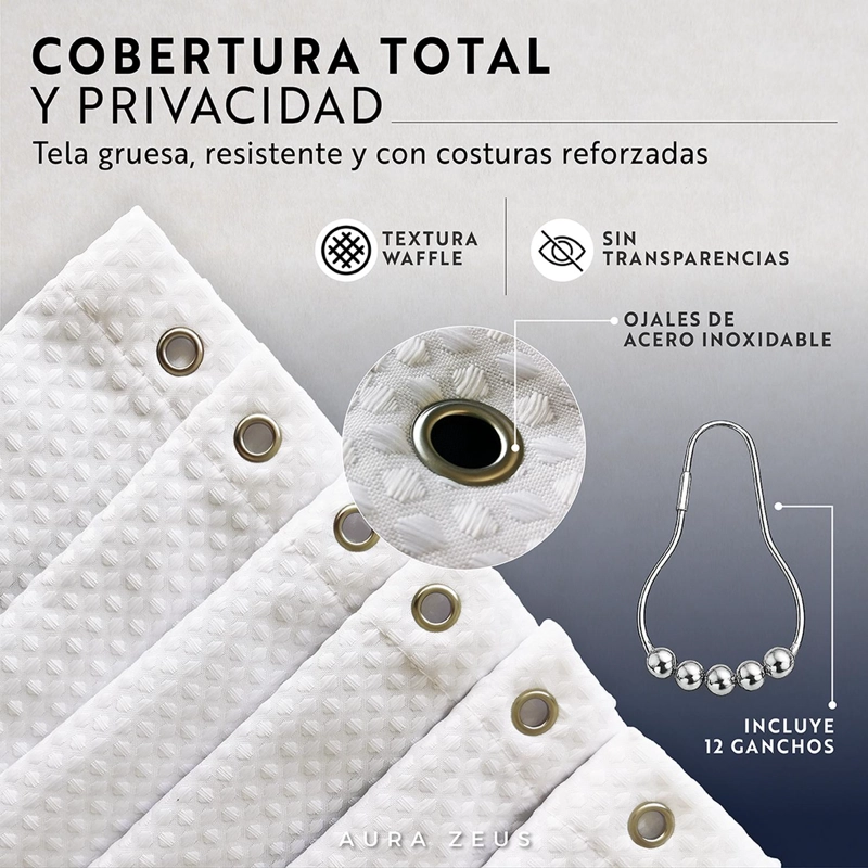 CORTINA DE BAÑO DISEÑO IMPERMEABLE TELA BANO + 12 GANCHOS AZ - 5