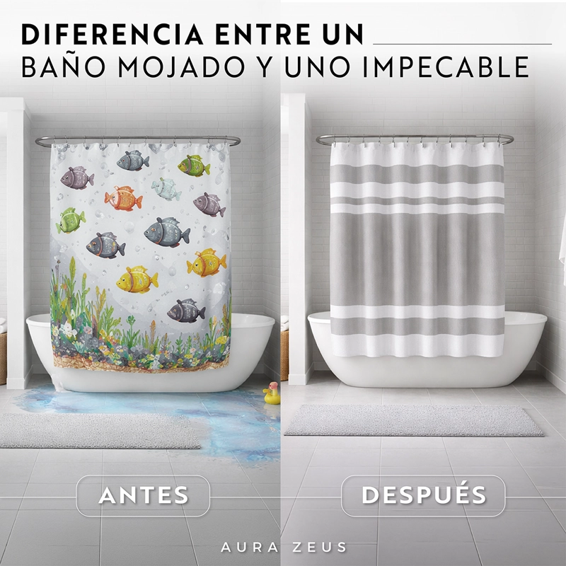 CORTINA DE BAÑO DISEÑO IMPERMEABLE TELA BANO + 12 GANCHOS AURA ZEUS - 3
