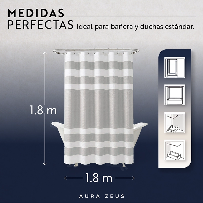 CORTINA DE BAÑO DISEÑO IMPERMEABLE TELA BANO + 12 GANCHOS AURA ZEUS - 4