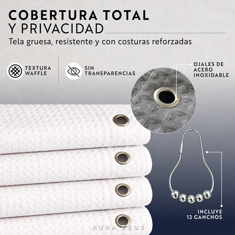 CORTINA DE BAÑO DISEÑO IMPERMEABLE TELA BANO + 12 GANCHOS AURA ZEUS - 9