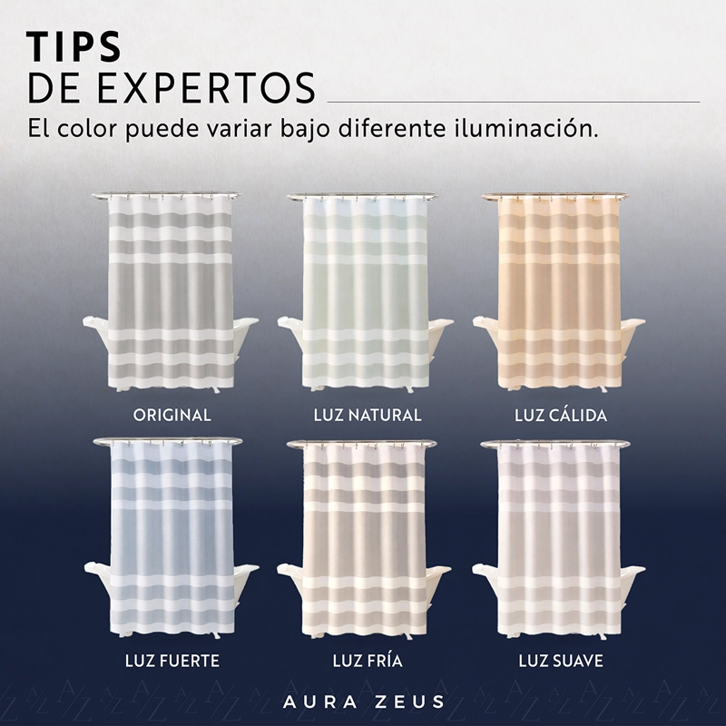 CORTINA DE BAÑO DISEÑO IMPERMEABLE TELA BANO + 12 GANCHOS AURA ZEUS - 10