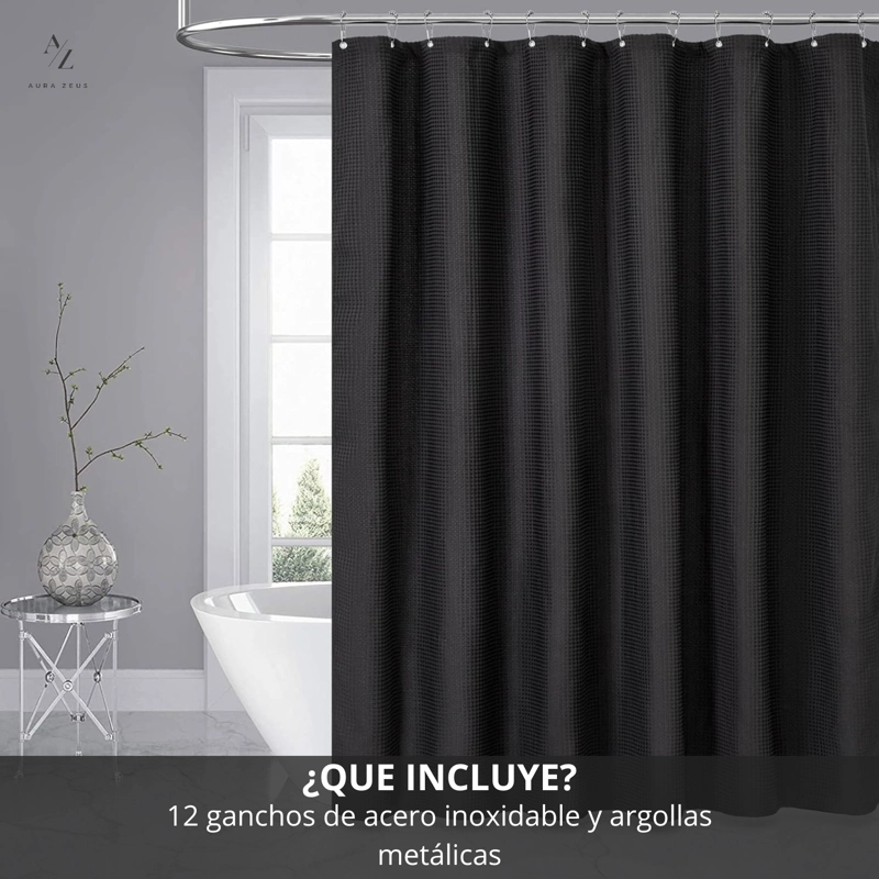 CORTINA DE BAÑO IMPERMEABLE TELA DUCHA +12 GANCHO PREMIUM AZ - 2