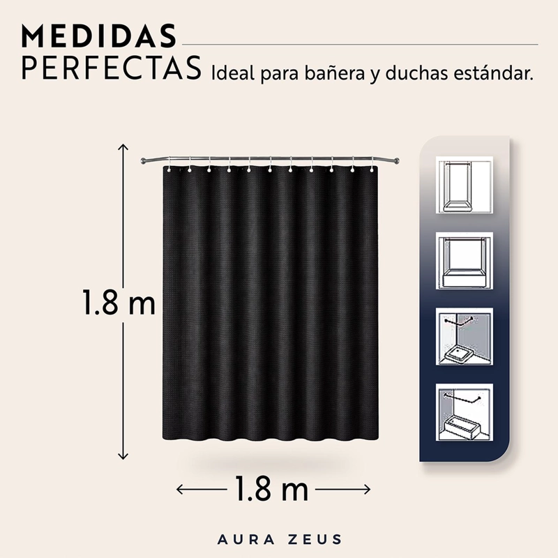 CORTINA DE BAÑO IMPERMEABLE TELA DUCHA +12 GANCHO PREMIUM AZ - 3
