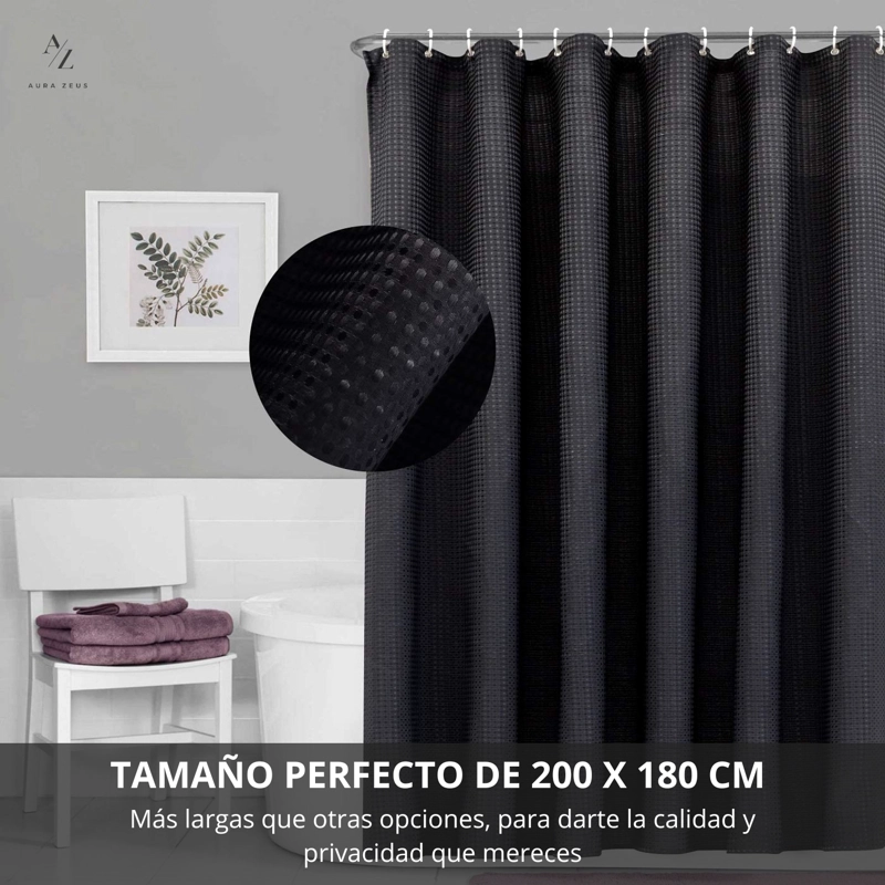 CORTINA DE BAÑO IMPERMEABLE TELA DUCHA +12 GANCHO PREMIUM AZ - 4