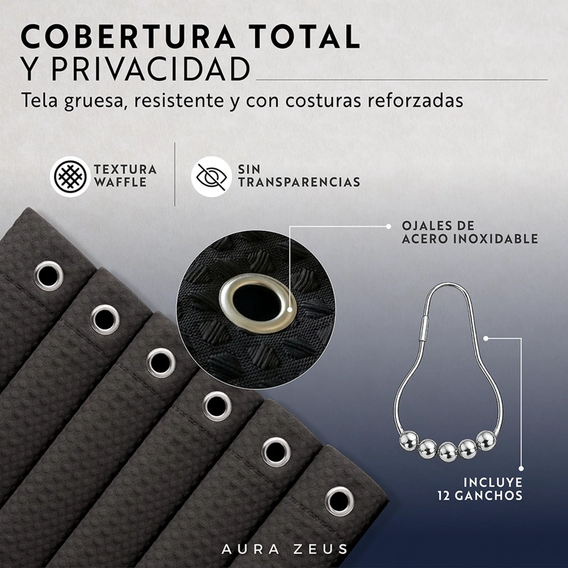 CORTINA DE BAÑO IMPERMEABLE TELA DUCHA +12 GANCHO PREMIUM AZ - 7