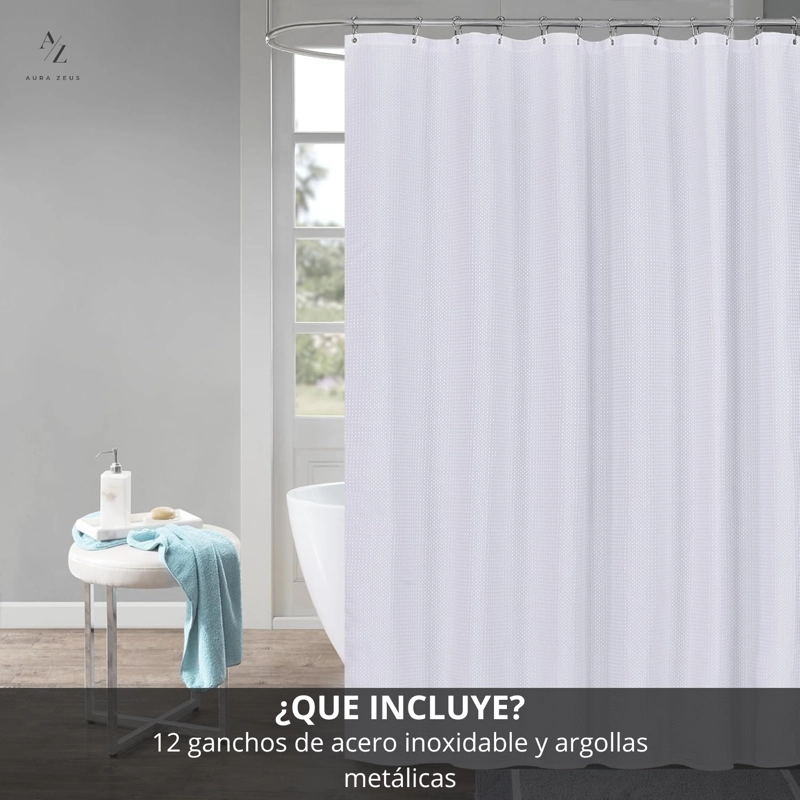 CORTINA DE BAÑO IMPERMEABLE TELA DUCHA +12 GANCHO PREMIUM AZ - 2