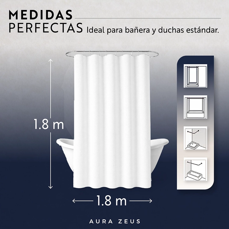 CORTINA DE BAÑO IMPERMEABLE TELA DUCHA +12 GANCHO PREMIUM AZ - 3