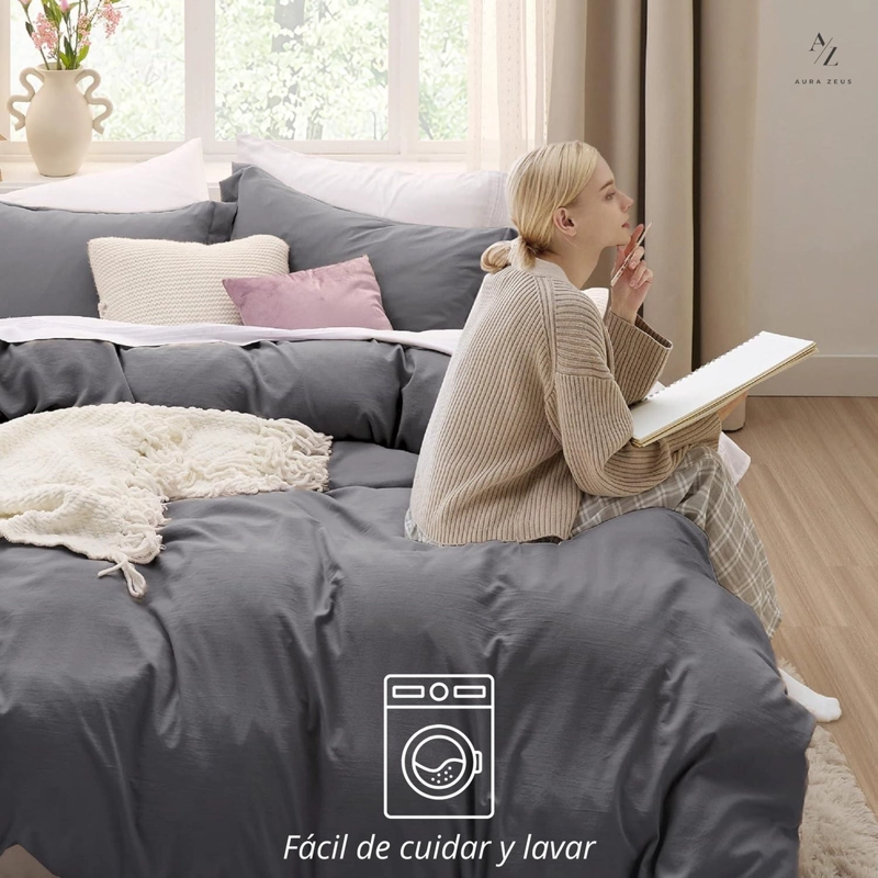 FUNDA PLUMON DUVET EDREDON 1800 HILOS MICROFIBRA SABANA TAMANO KING GRIS - 5