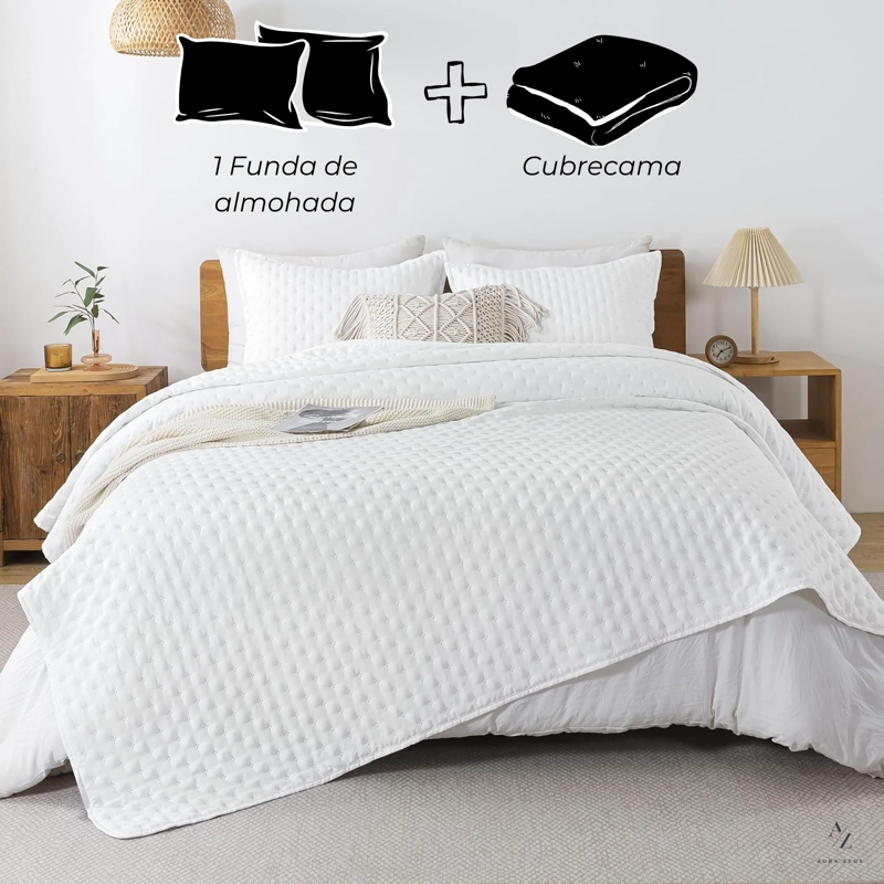 CUBRECAMA QUILT + FUNDAS DE ALMOHADA COBERTORES ACOLCHADO 1.5 PLAZAS BLANCO - 3