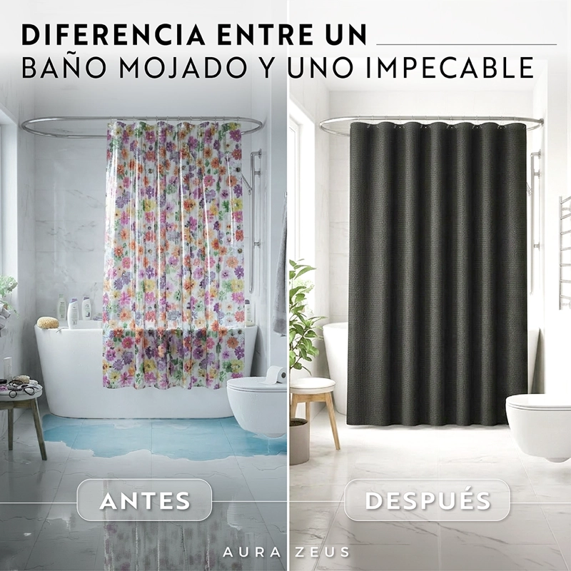 CORTINA DE BAÑO TELA + FORRO + 12 GANCHOS 180 X 180 JUEGO AZ - 3