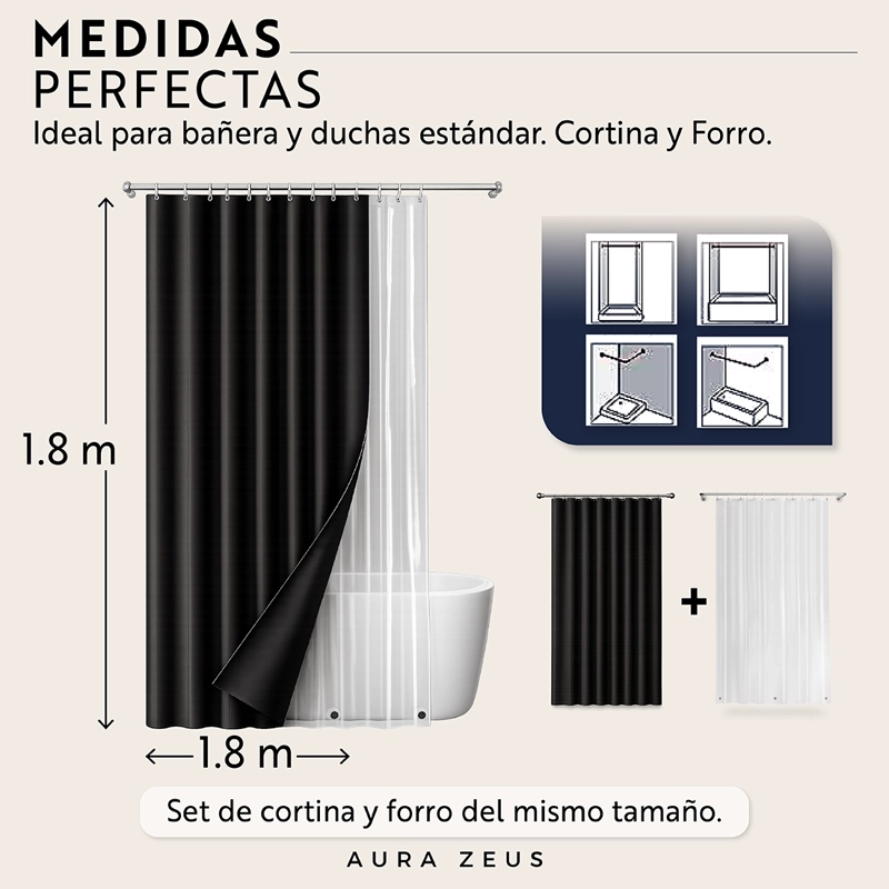 CORTINA DE BAÑO TELA + FORRO + 12 GANCHOS 180 X 180 JUEGO AZ - 4
