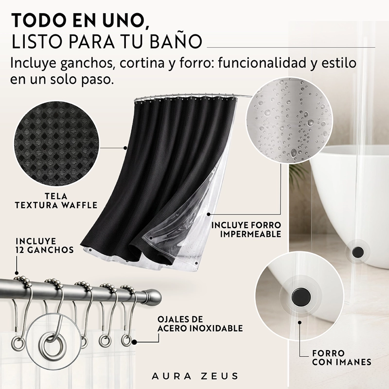 CORTINA DE BAÑO TELA + FORRO + 12 GANCHOS 180 X 180 JUEGO AZ - 5