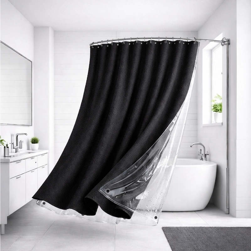 CORTINA DE BAÑO TELA + FORRO + 12 GANCHOS 180 X 180 JUEGO AZ - 10