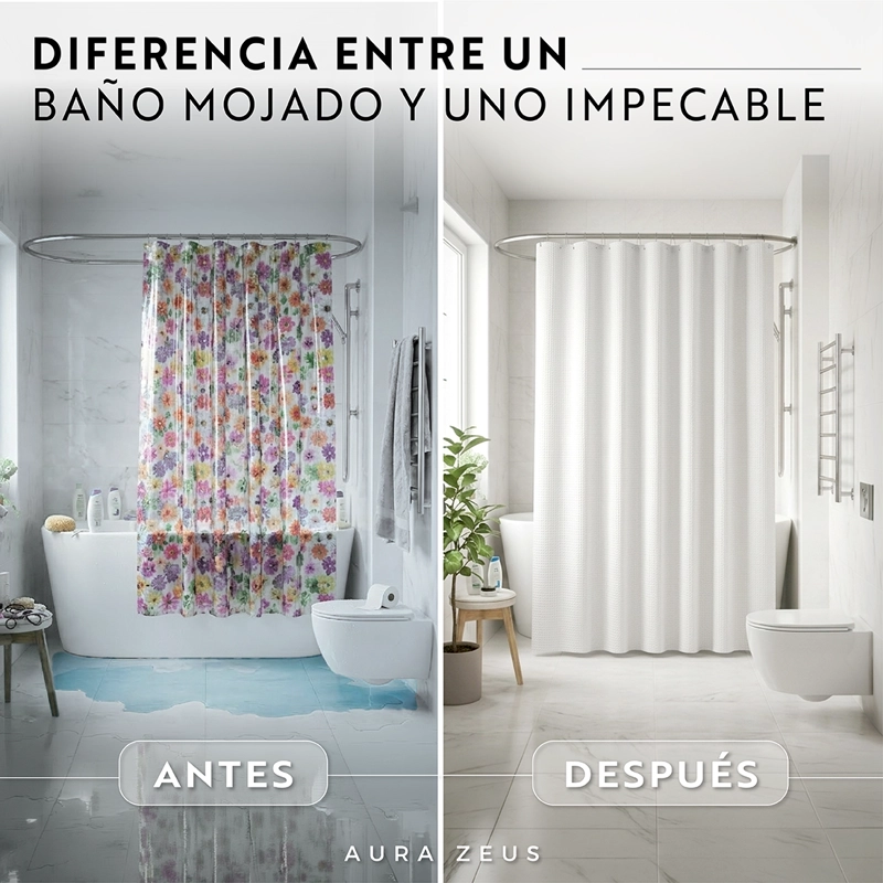 CORTINA DE BAÑO TELA + FORRO + 12 GANCHOS 180 X 180 JUEGO AZ - 3