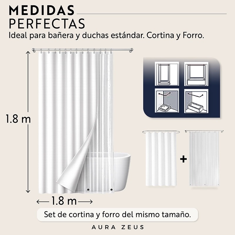 CORTINA DE BAÑO TELA + FORRO + 12 GANCHOS 180 X 180 JUEGO AZ - 5