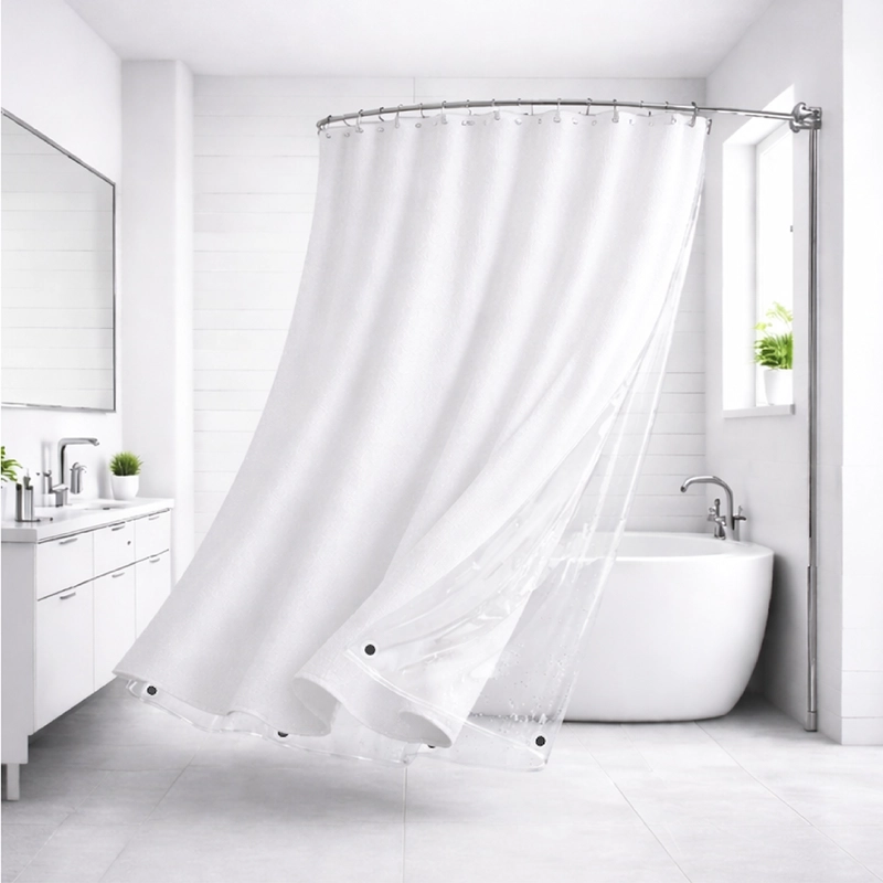 CORTINA DE BAÑO TELA + FORRO + 12 GANCHOS 180 X 180 JUEGO AZ - 10