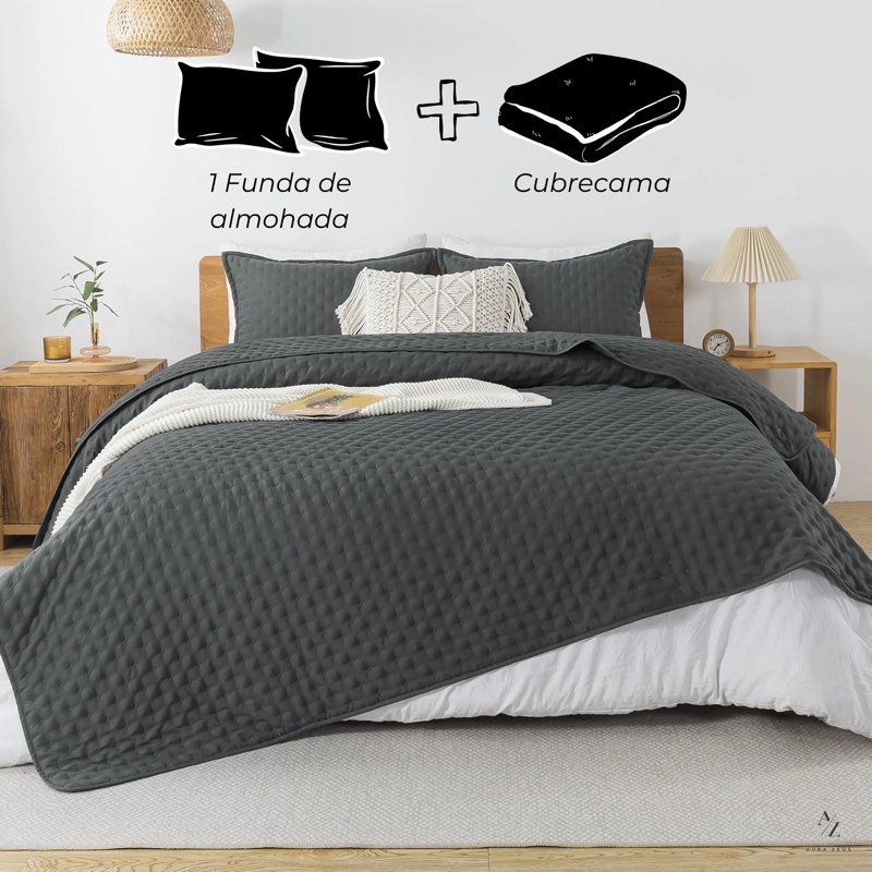 CUBRECAMA QUILT + FUNDAS DE ALMOHADA COBERTORES ACOLCHADO 1.5 PLAZAS GRIS - 2