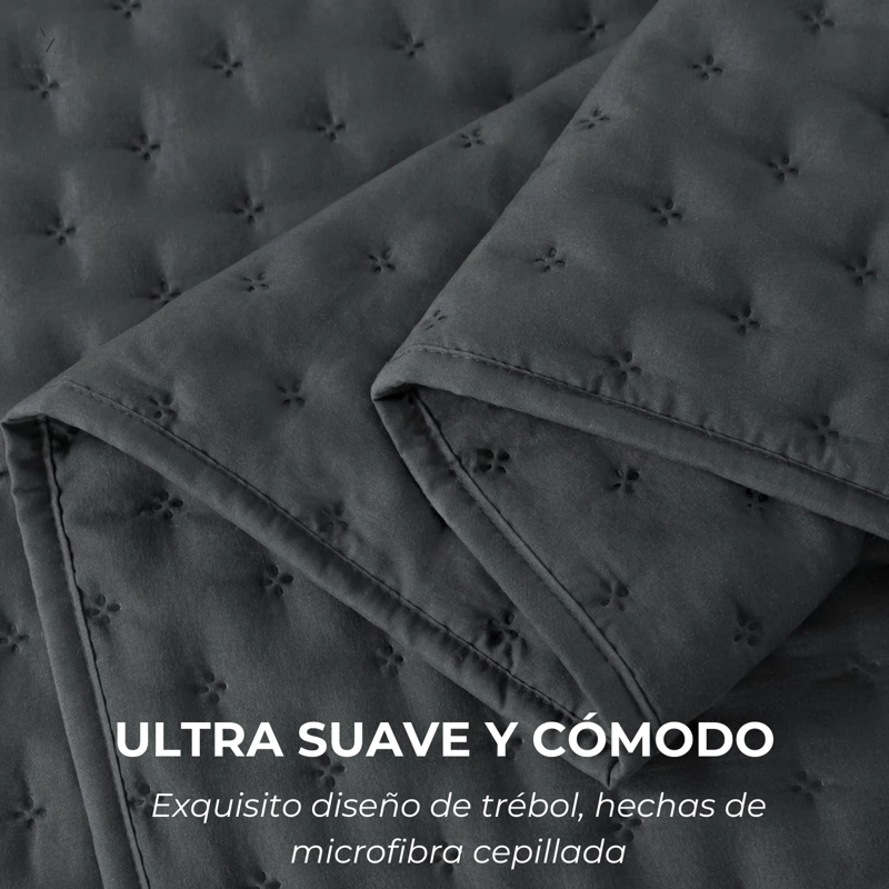 CUBRECAMA QUILT + FUNDAS DE ALMOHADA COBERTORES ACOLCHADO 1.5 PLAZAS GRIS - 3