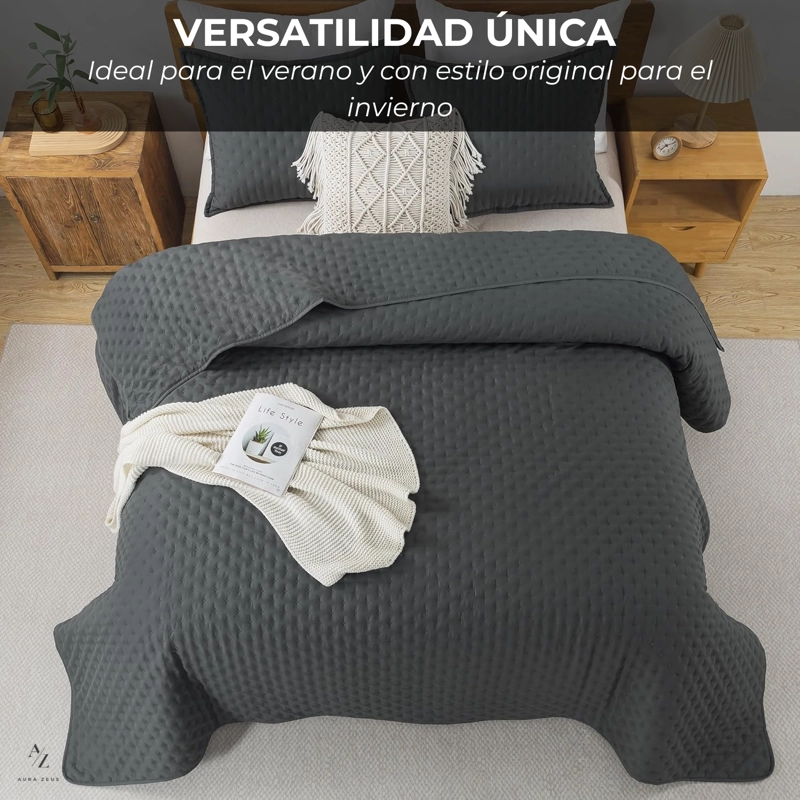 CUBRECAMA QUILT + FUNDAS DE ALMOHADA COBERTORES ACOLCHADO 1.5 PLAZAS GRIS - 4