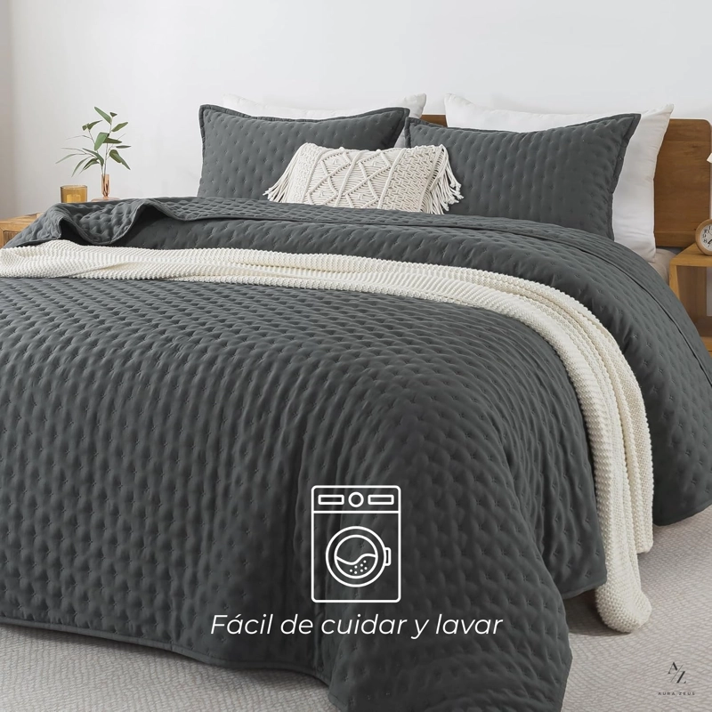 CUBRECAMA QUILT + FUNDAS DE ALMOHADA COBERTORES ACOLCHADO 1.5 PLAZAS GRIS - 5