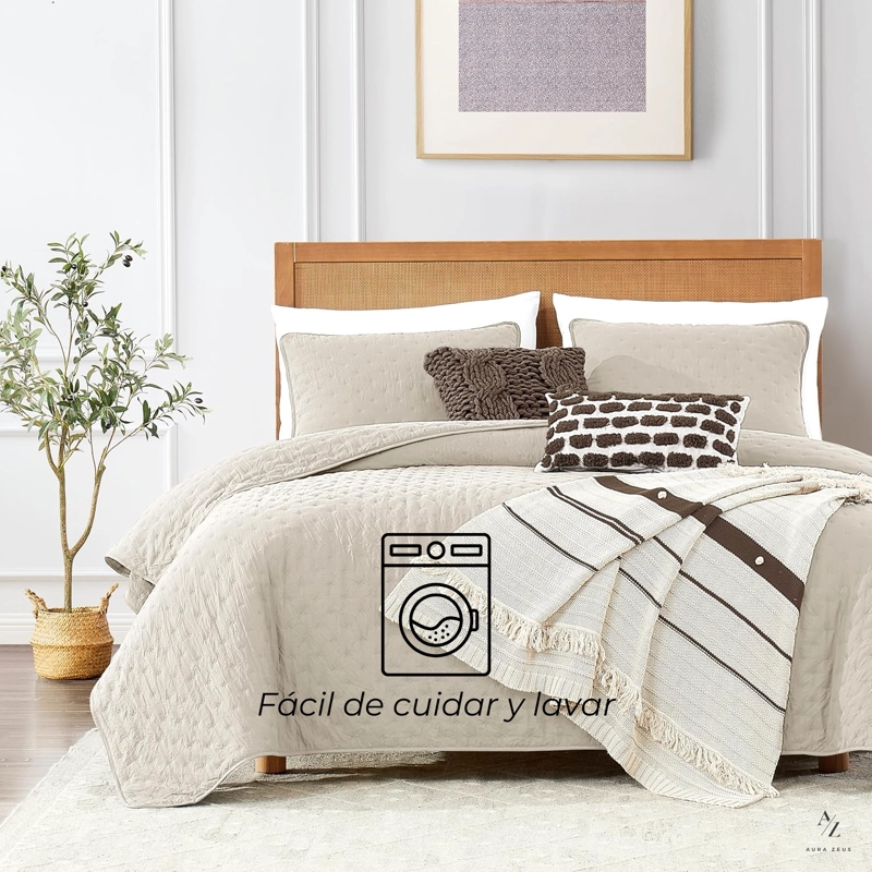 CUBRECAMA QUILT + FUNDA DE ALMOHADA COBERTORES ACOLCHADO 1.5 PLAZAS BEIGE BLANCO - 5