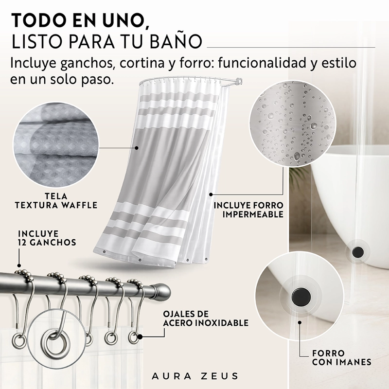 CORTINA DE BAÑO TELA + FORRO + 12 GANCHOS 180 X 180 JUEGO AZ - 6