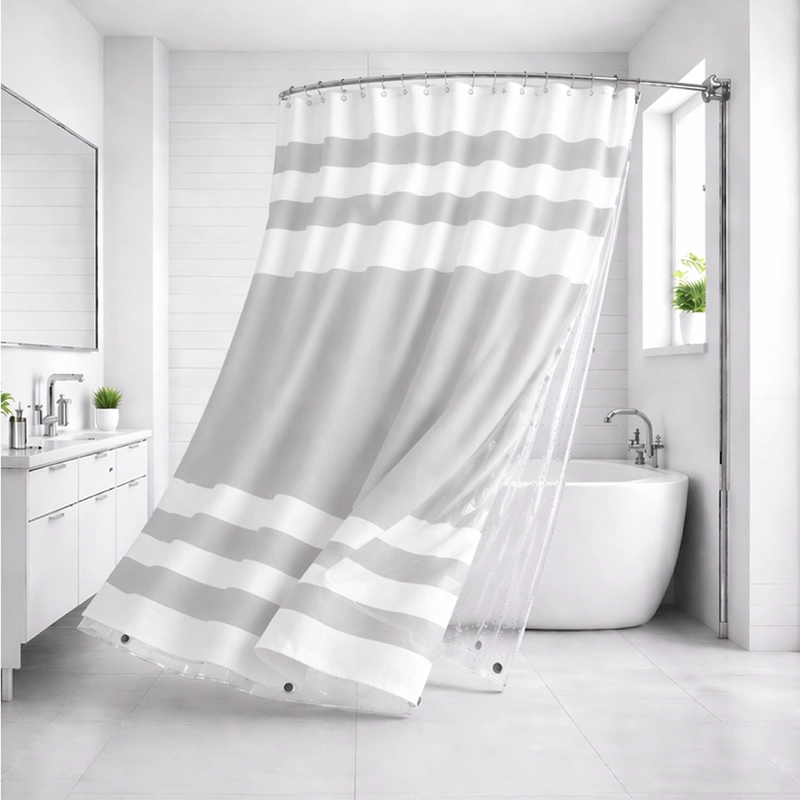 CORTINA DE BAÑO TELA + FORRO + 12 GANCHOS 180 X 180 JUEGO AZ - 10