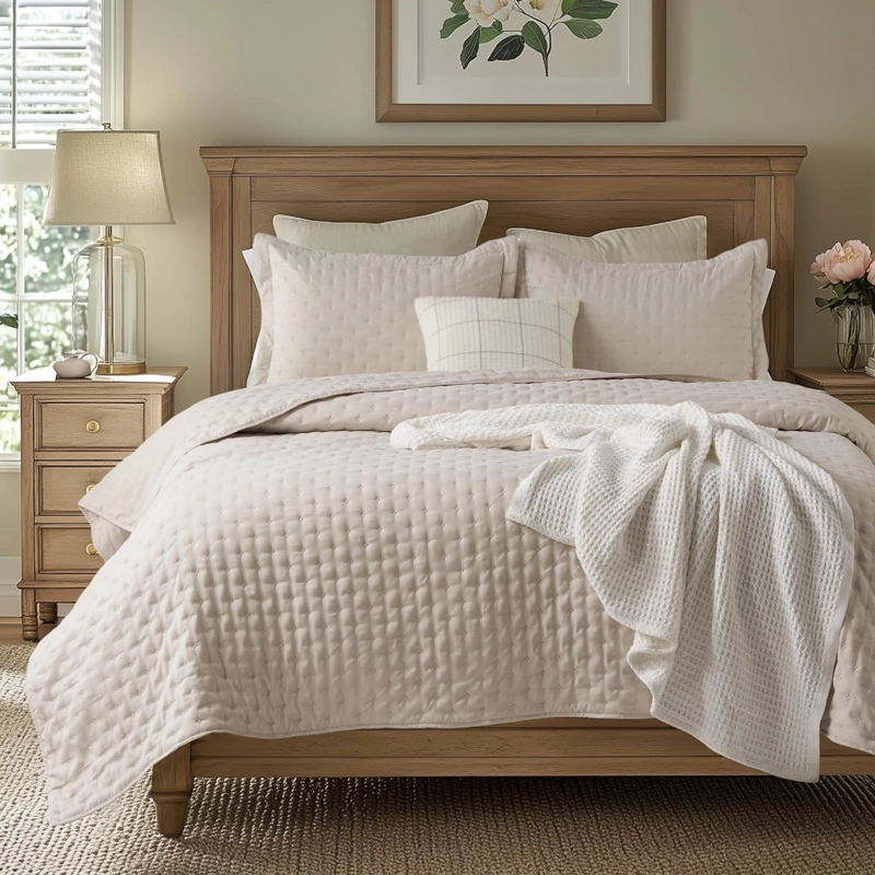 CUBRECAMA QUILT + FUNDAS DE ALMOHADA COBERTORES ACOLCHADO KING BEIGE BLANCO - 1