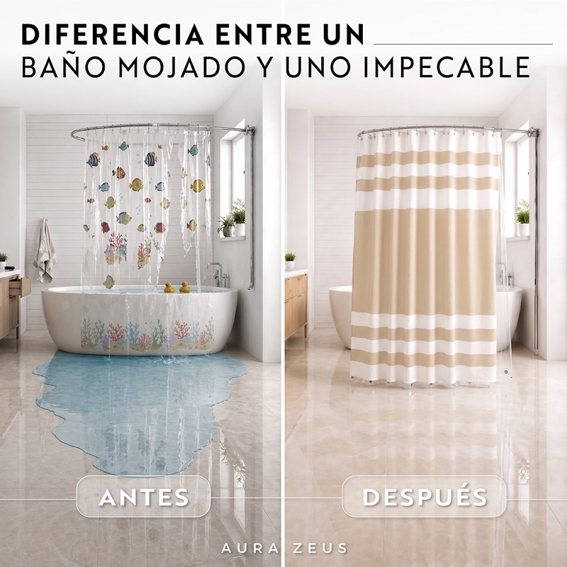 CORTINA DE BAÑO TELA + FORRO + 12 GANCHOS 180 X 180 JUEGO AZ - 3