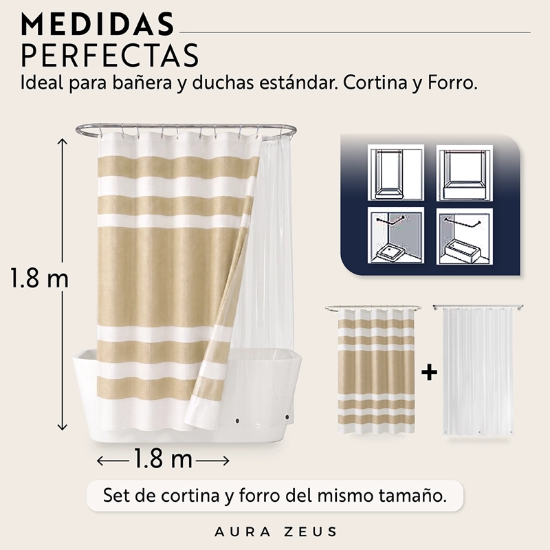 CORTINA DE BAÑO TELA + FORRO + 12 GANCHOS 180 X 180 JUEGO AZ - 4