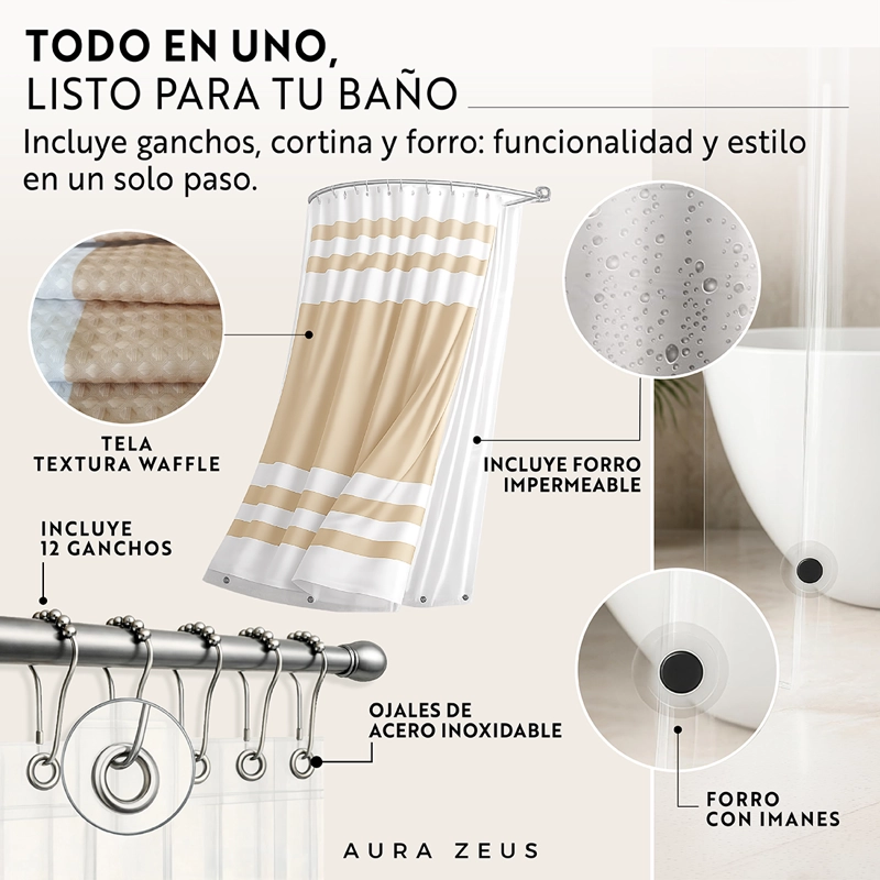 CORTINA DE BAÑO TELA + FORRO + 12 GANCHOS 180 X 180 JUEGO AZ - 8