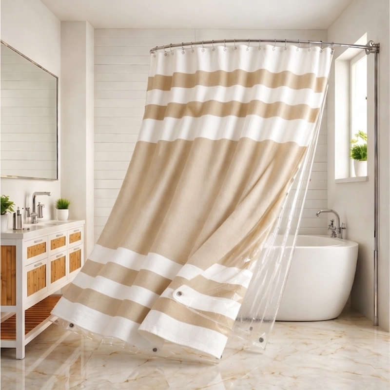 CORTINA DE BAÑO TELA + FORRO + 12 GANCHOS 180 X 180 JUEGO AZ - 10