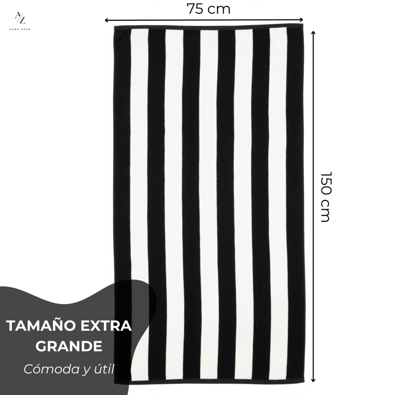 SET DE 2 TOALLA DE PLAYA ALGODON 150 X 75 CM XL VIAJE GRANDE RAYADA NEGRO - 2