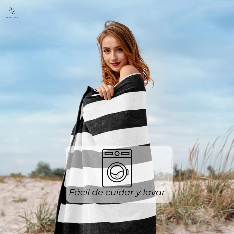 SET DE 2 TOALLA DE PLAYA ALGODON 150 X 75 CM XL VIAJE GRANDE RAYADA NEGRO - 3