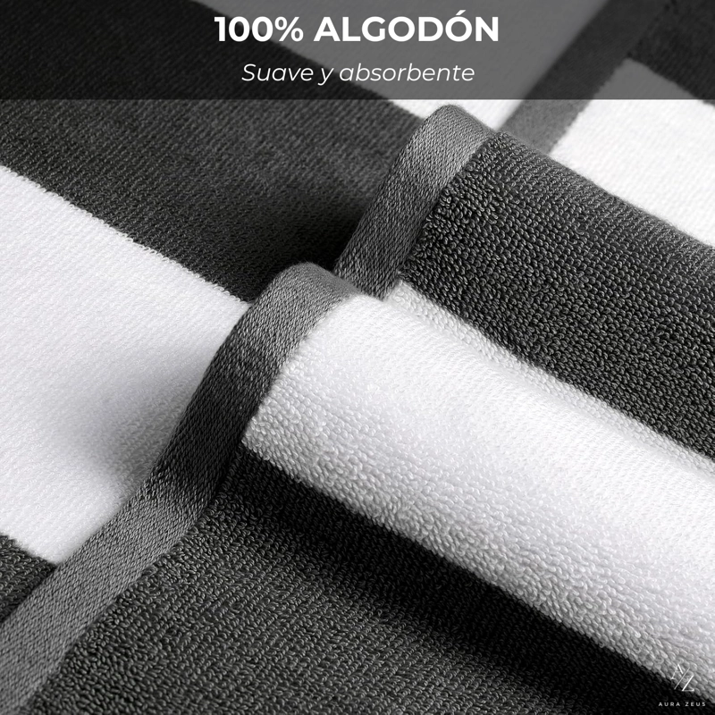 SET DE 2 TOALLA DE PLAYA ALGODON 150 X 75 CM XL VIAJE GRANDE RAYADA NEGRO - 4