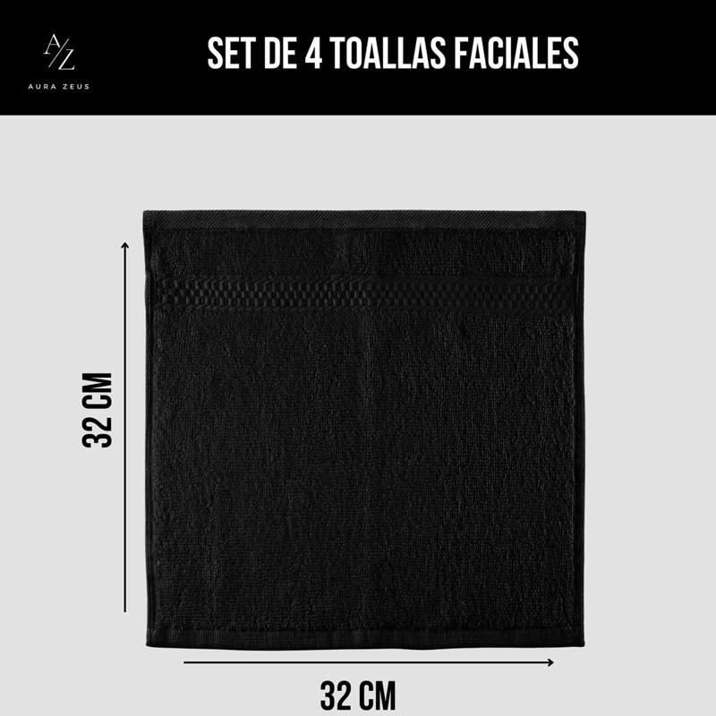 JUEGO DE 4 TOALLAS FACIALES 32 X 32 CM ALGODON 500G SET BANO NEGRO - 2