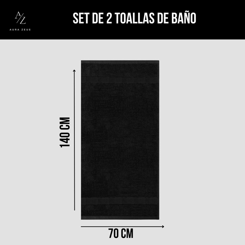 SET DE 2 TOALLAS DE BANO 140X70 CM ALGODON 500GR GRANDES NEGRO - 2
