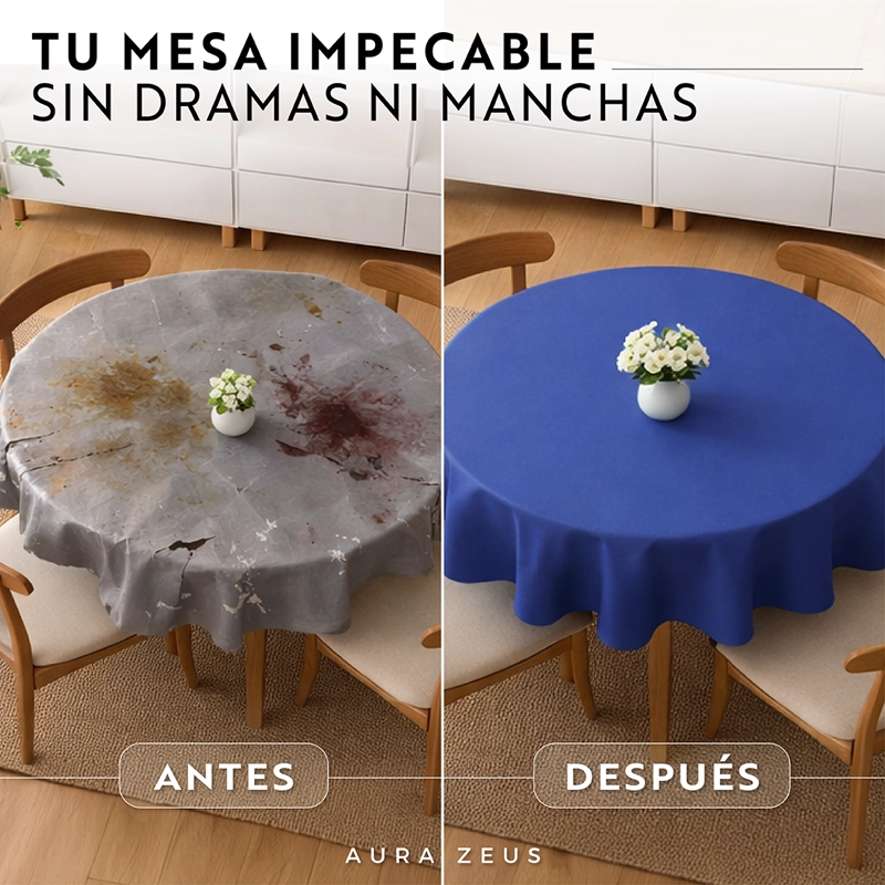 MANTEL DE MESA REDONDO TELA HULE ANTIMANCHA IMPERMEABLE AZUL - 2