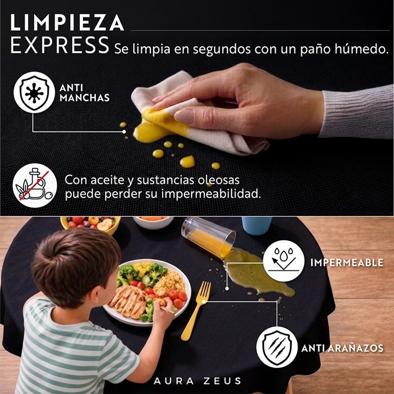 MANTEL DE MESA REDONDO TELA HULE ANTIMANCHA IMPERMEABLE NEGRO - 6