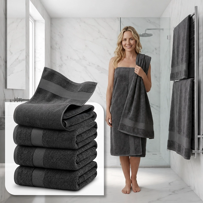 SET DE 4 TOALLAS DE BANO 140X70 CM ALGODON 600GR/M2 GRANDES GRIS BLANCO - 2