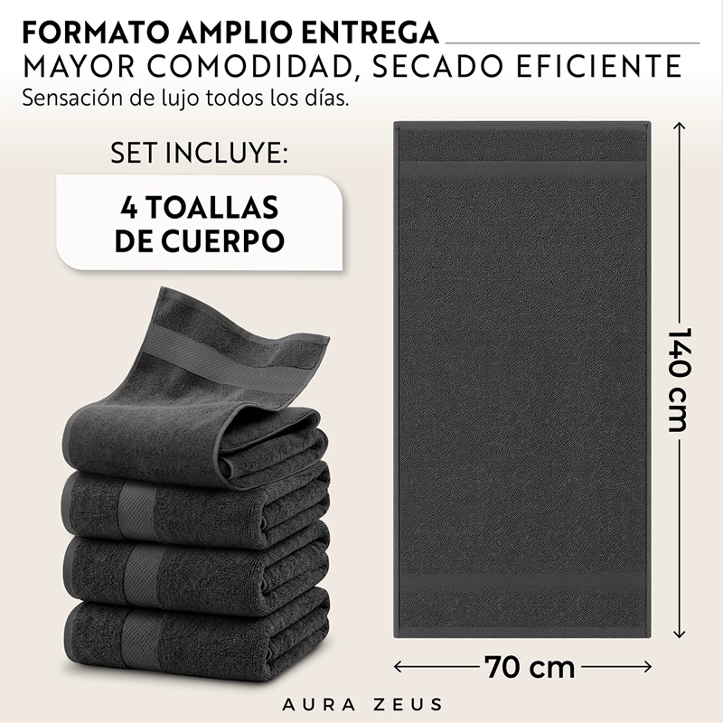 SET DE 4 TOALLAS DE BANO 140X70 CM ALGODON 600GR/M2 GRANDES GRIS BLANCO - 3