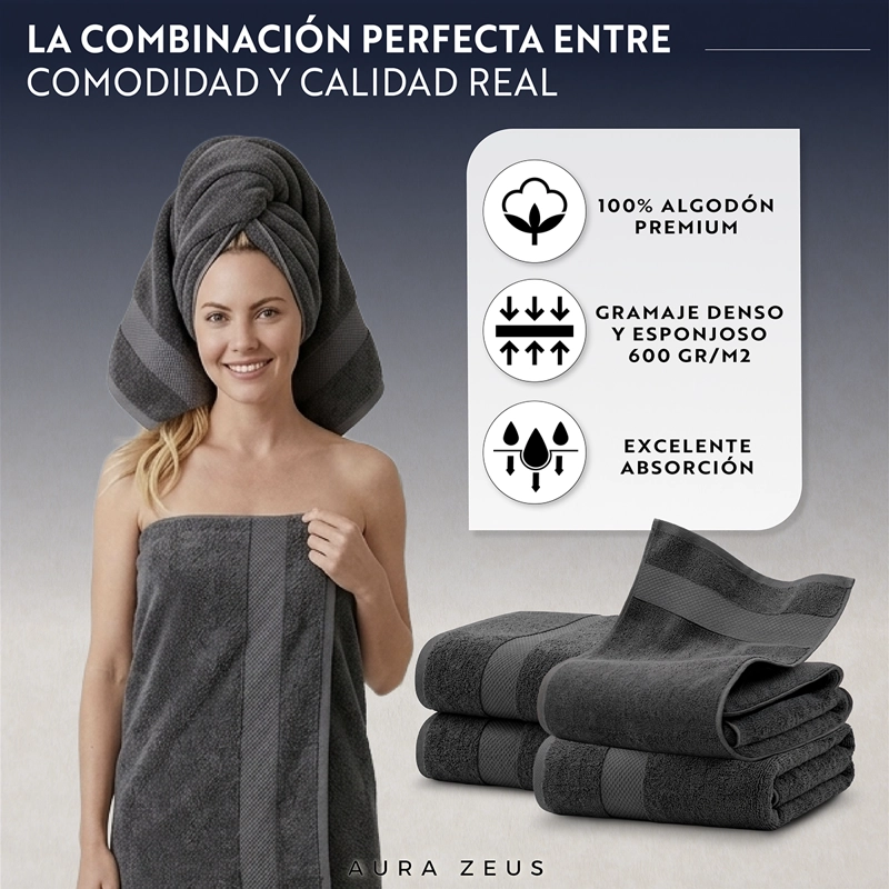 SET DE 4 TOALLAS DE BANO 140X70 CM ALGODON 600GR/M2 GRANDES GRIS BLANCO - 5