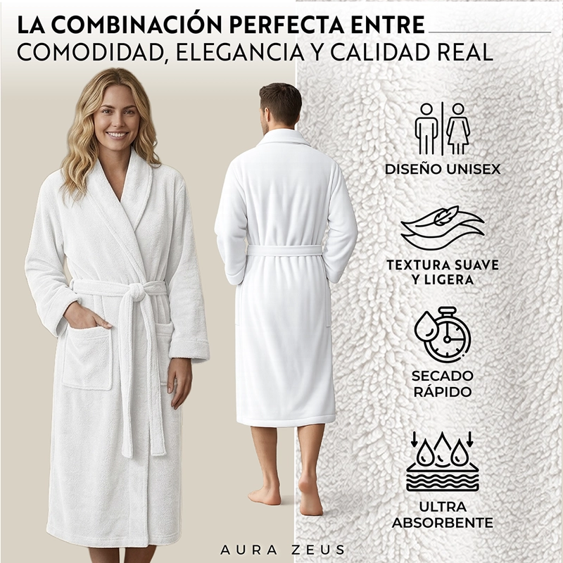BATA DE BANO MICROFIBRA ABSORBENTE SUAVE UNISEX SECA RAPIDO BLANCO TALLA L - 3